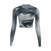 Crewneck long sleeve eye print contrast crop top