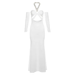 Halter o ring hollow out gloves metal chain mesh maxi dress