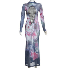 Long sleeve print sheer mesh lace up maxi dress | samba dress