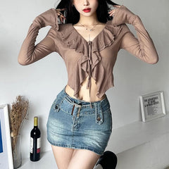 Self tie solid ruffle long flared sleeve v neck crop top