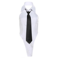 Turnover collar button halter backless solid top