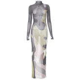 Long sleeve high neck print sheer mesh gloves maxi dress | samba dress