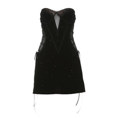 Sweetheart neck velvet lace up mesh beaded mini dress