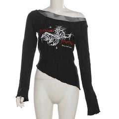 Long sleeve off shoulder abstract mesh top