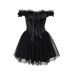 Off shoulder mesh flower applique mini dress