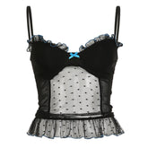 V neck polka dot bowknot mesh ruffle cami top