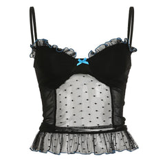 V neck polka dot bowknot mesh ruffle cami top