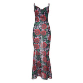 Cowl neck flower print zip-up contrast backless cami maxi dress | red tango dress
