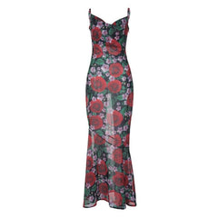 Cowl neck flower print zip-up contrast backless cami maxi dress | red tango dress