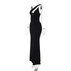 One shoulder o ring lace hem backless maxi dress