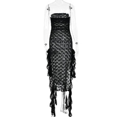 Lace ruffle solid high slit see through tube midi dress