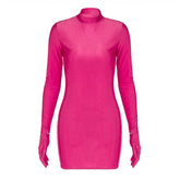 High neck long sleeve gloves solid mini dress | red tango dress