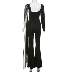 Long sleeve mesh patchwork hollow out jumpsuit
