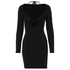 Cross front self tie halter solid long sleeve notch neck mini dress | black rave dress | black rave dress