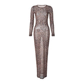 Long sleeve leopard print crewneck sheer mesh maxi dress | samba dress