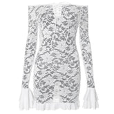 Long flared sleeve lace up lace see through mini dress