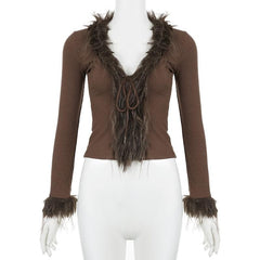 Long sleeve v neck furry ribbed self tie solid top