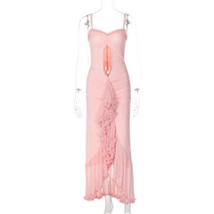 Ruffle high slit ruched hollow out cami maxi dress