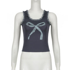 U neck lace hem bowknot pattern contrast tank top