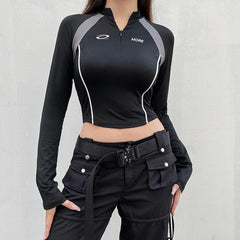 High neck zip-up long sleeve embroidery contrast top