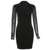 Long sleeve halter mesh patchwork solid mini dress