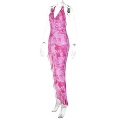 Tie dye ruffle halter mesh backless self tie irregular maxi dress | red tango dress
