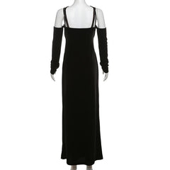 Off shoulder v neck velvet lace hem cami maxi dress