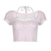 Halter textured print ruffle crop top