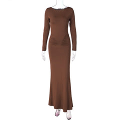 Long sleeve crewneck ruched solid maxi dress | red tango dress