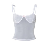 Sheer mesh see through bowknot self tie cami top