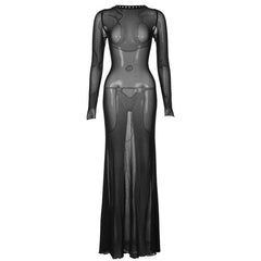 Long sleeve lace up sheer mesh see through maxi dress | red tango dress | samba dress