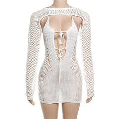 Fishnet hollow out solid long sleeve backless shrug mini dress