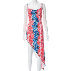 Irregular v neck backless contrast print cowl neck cami midi dress | red tango dress