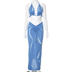 Halter knitted drawstring self tie slit maxi skirt set