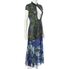 Short sleeve hollow out slit butterfly print see through midi dress