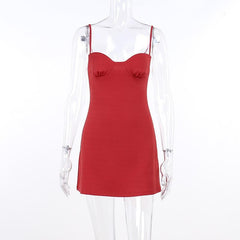 Sweetheart neck ruched solid backless cami mini dress | red tango dress