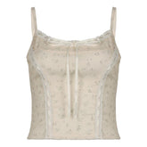 Lace hem bowknot ribbon print stitch cami top