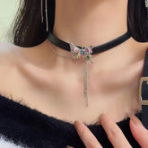 Butterfly multicolor rhinestone tassels choker necklace
