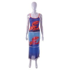 Sheer mesh lobster see through contrast print ruffle cami midi dress | samba dress