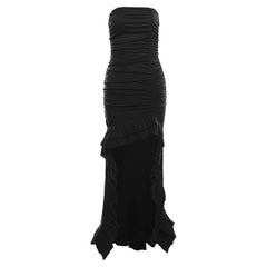 Ruched ruffle solid backless tube maxi dress | red tango dress