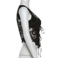 Deep v neck lace self tie button ruffle top