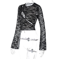 Long sleeve hollow out see through lace crop cut out top
