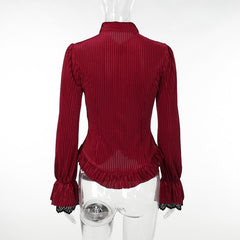 Turnover collar long sleeve corduroy lace hem top