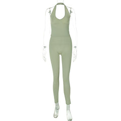Halter u neck solid backless pant set