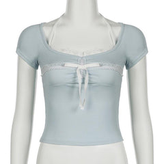 Halter short sleeve bowknot lace hem top