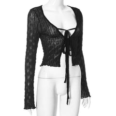 Self tie see through long flared sleeve textured crop top