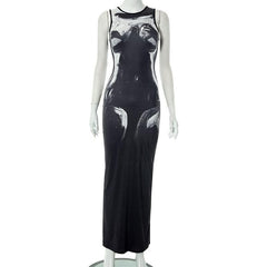 Crewneck body print contrast tank maxi dress