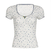Short sleeve patchwork flower applique print top