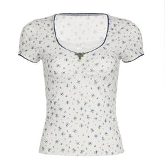 Short sleeve patchwork flower applique print top