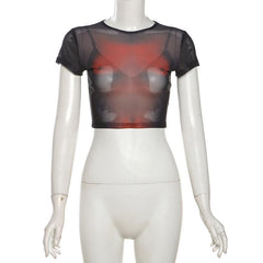 Short sleeve body print sheer mesh crop top